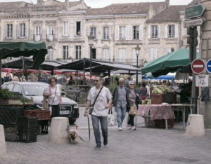 a man walks his dog through the centre of the Libourne market square